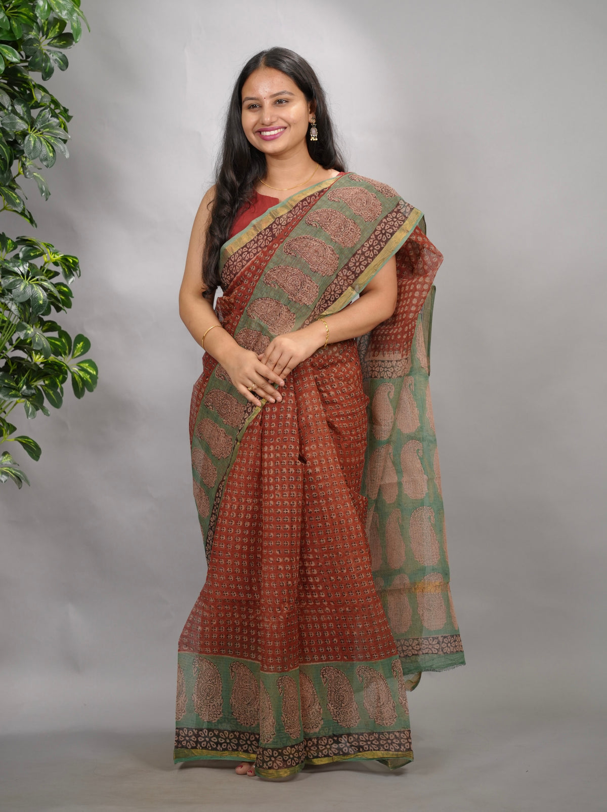 Maroon Pure Kota Doria Saree with Bagru Handblock Prints