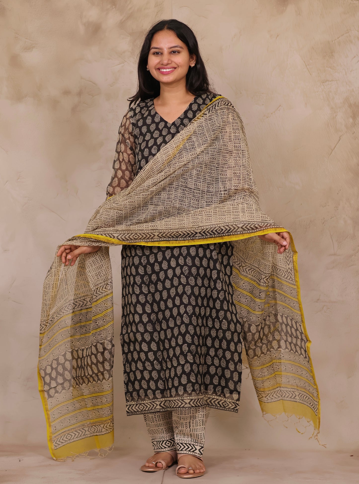 Black Handblock printed kota 3 piece suit (stitched)