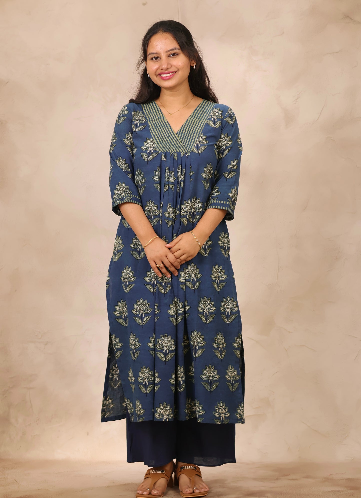 Indigo Pure Mul Cotton Ajrakh Patchwork Aline Kurta | Looms & Tassels