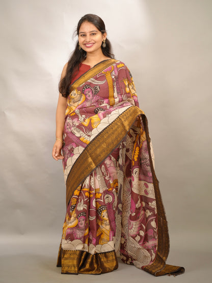 Dusty Maroon Kanchi border Kalamkari Chennur Silk Saree | Looms & Tassels