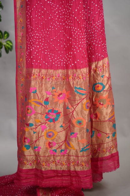 Pink Handcrafted  Pattern Bandhani Paithani Dola Silk Saree | Looms & Tassels