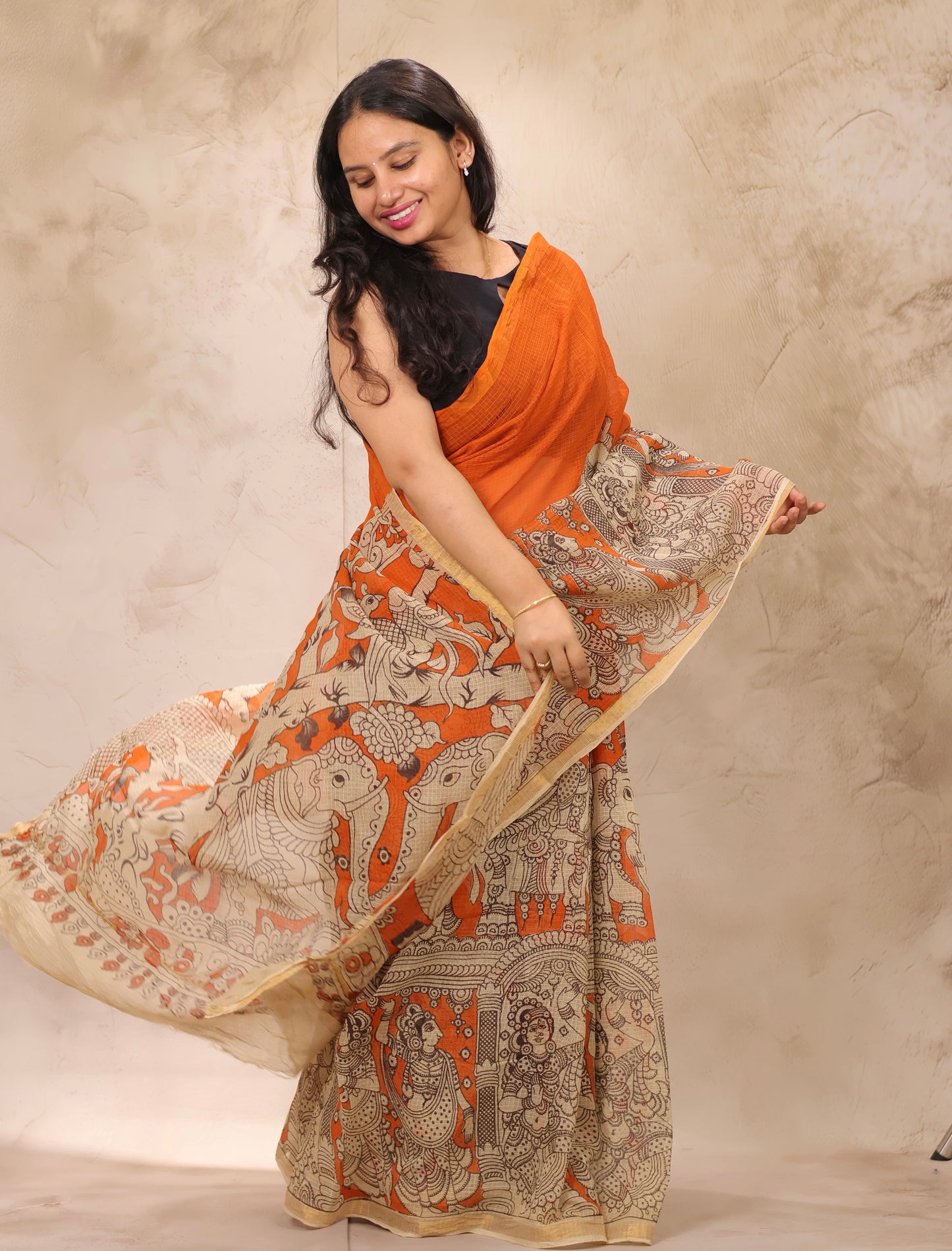 Orange Kota Doria Saree with Kalamkari Handblock Prints | Looms & Tassels