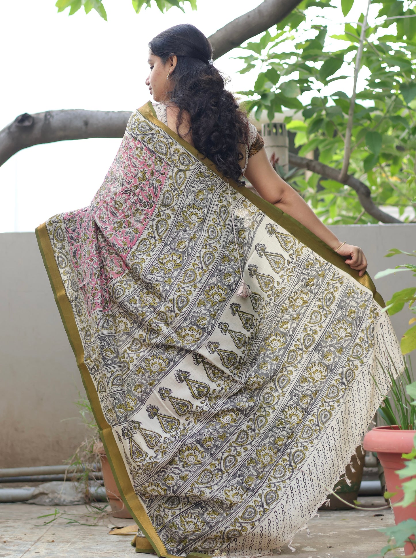 Pink Hand Block Printed Kalamkari Nizam Border Silk Sare