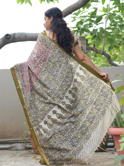 Pink Hand Block Printed Kalamkari Nizam Border Silk Sare