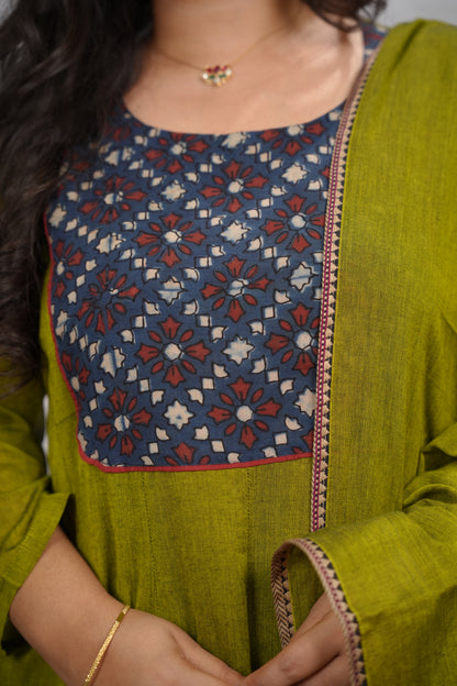 Green Ajrakh Patch Work Narayanpet Cotton Anarkali Dress with Narayanpet Dupatta | Looms & Tassels