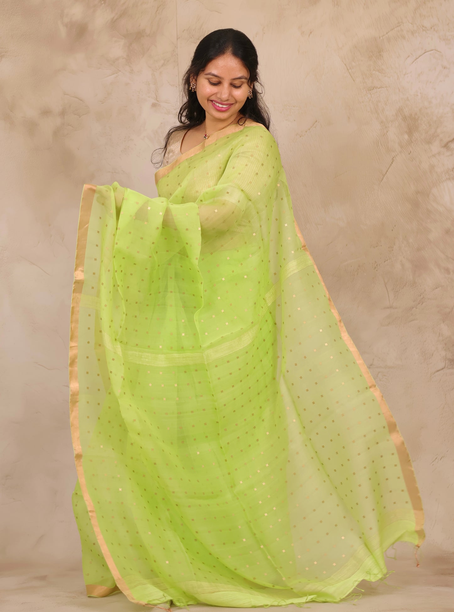 Pista Green Handwoven Muslin Silk Saree With Sequence Work | Looms & Tassels