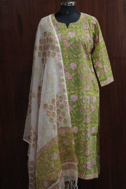 Green Handblock printed Pure Mul Cotton with Kota Doria Duppata 3 piece suit (stitched)