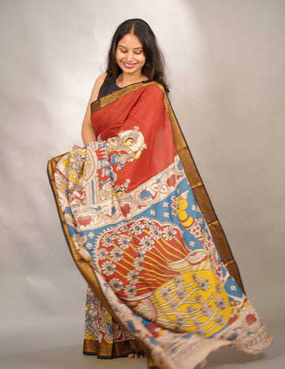 Maroon Kalamkari Nizam Border Chennur Silk Saree | Looms & Tassels