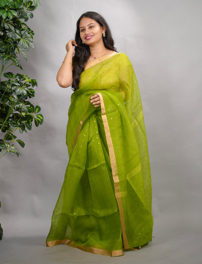 Parrot Green Handwoven Muslin Silk Saree With Sequence Work | Looms & Tassels