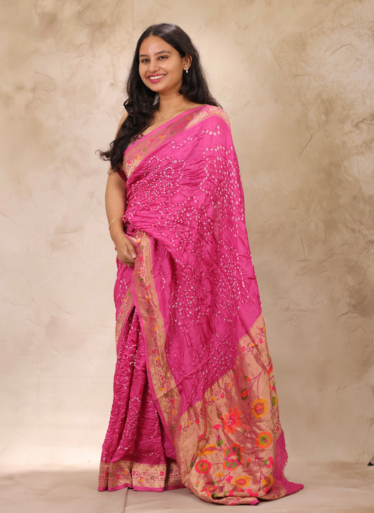 Pink Handcrafted Pattern Bandhani Paithani Dola Silk Saree | Looms & Tassels