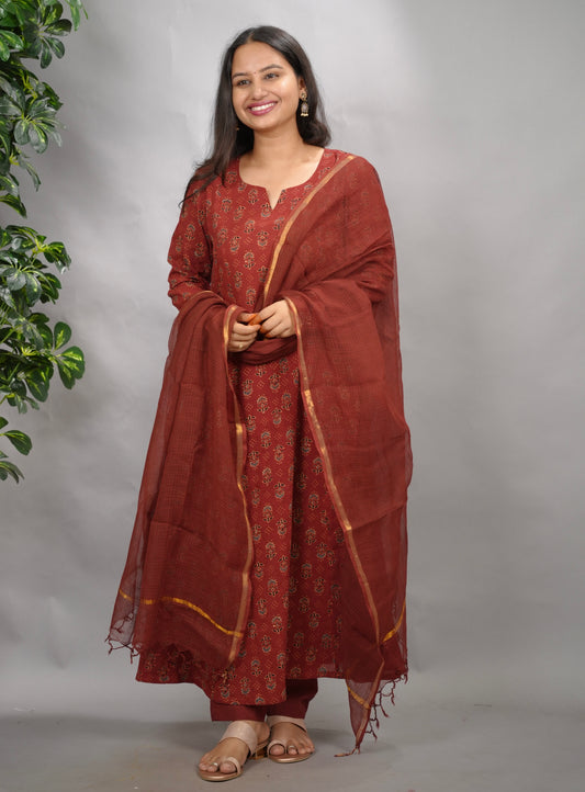 Rust Maroon Ajrakh Handblock Printed Kali Kurta with Chudi Sleeves