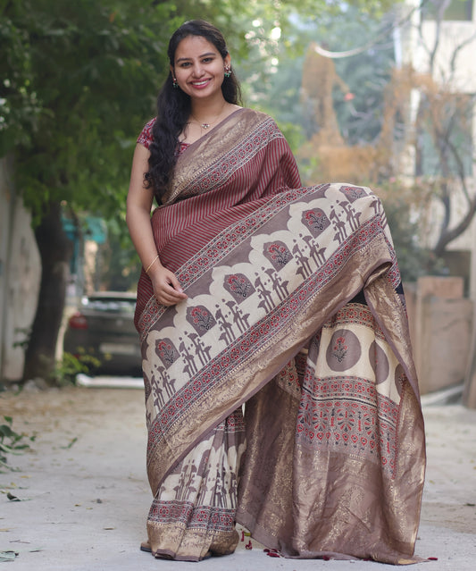 Contemporary Ajrakh Handblock Printed Dola Silk Saree