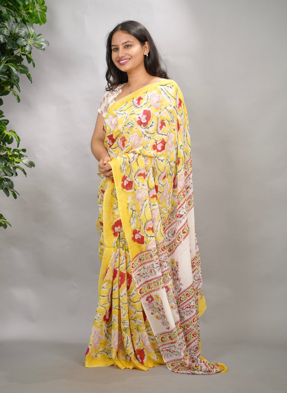 Yellow Georgette Hand Block Printed Saree| Looms & Tassels