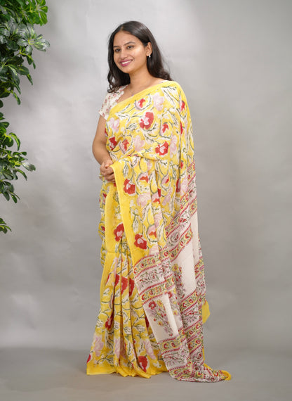Yellow Georgette Hand Block Printed Saree| Looms & Tassels