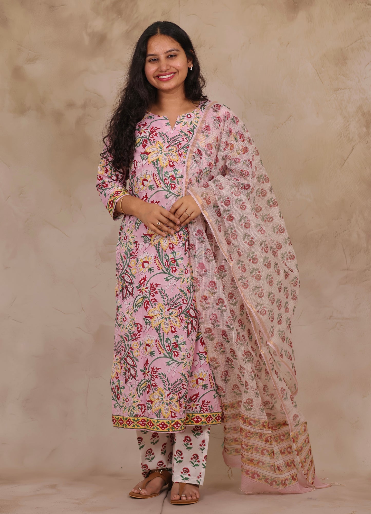 Pastel Pink Handblock printed Pure Mul Cotton with Kota Doria Duppata 3 piece suit (stitched)