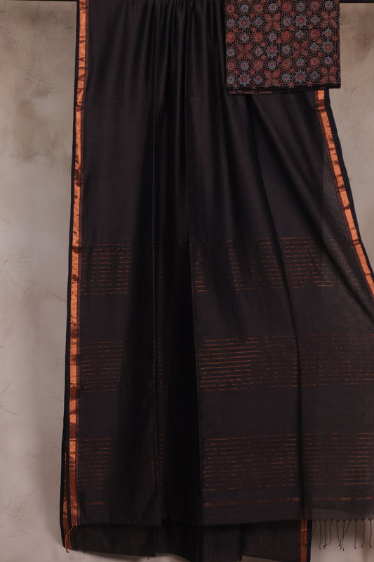 Dark Grey Handwoven Malai Cotton Saree with Sequence Work with Ajrakh blouse piece