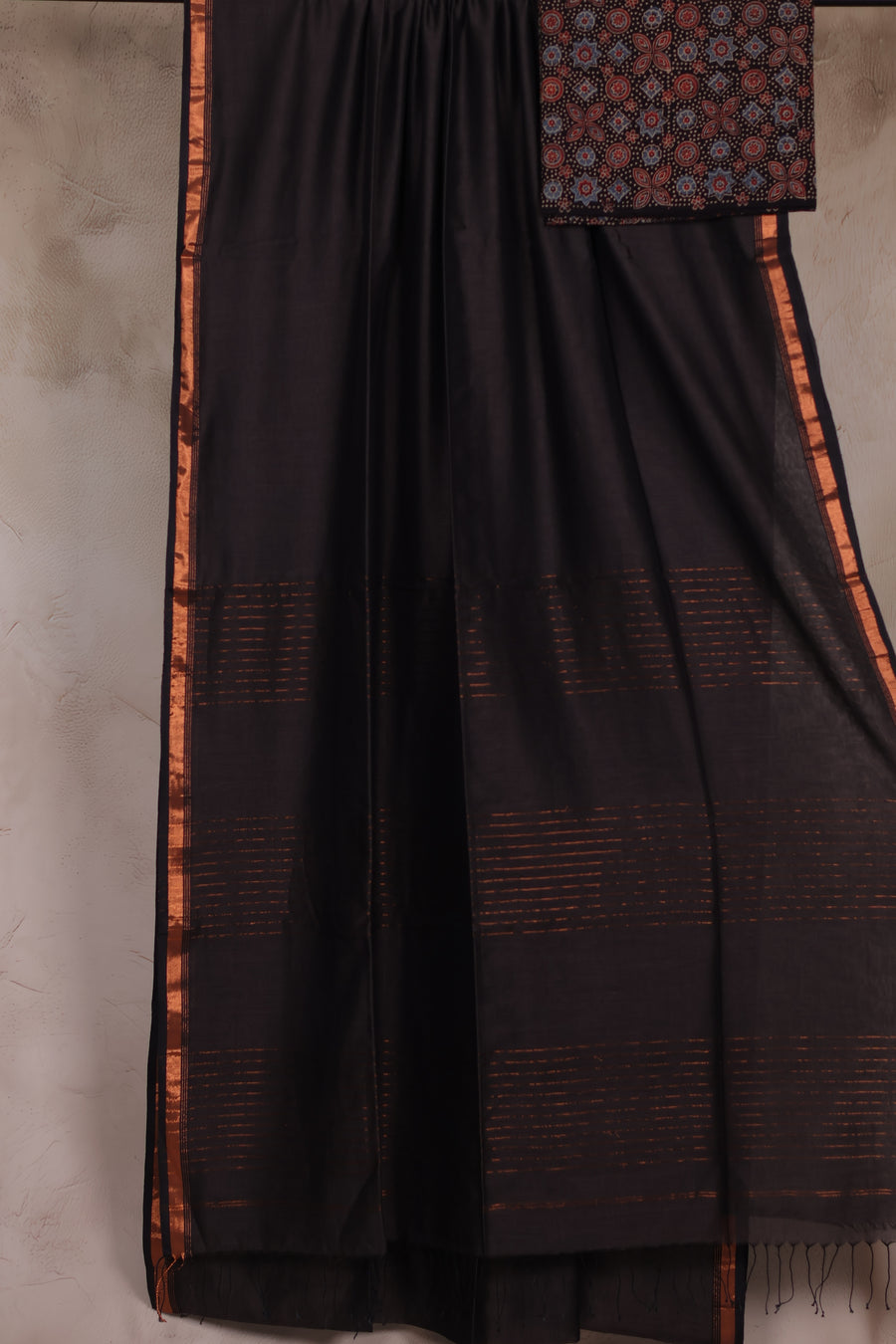 Dark Grey Handwoven Malai Cotton Saree with Ajrakh blouse piece | Looms & Tassels