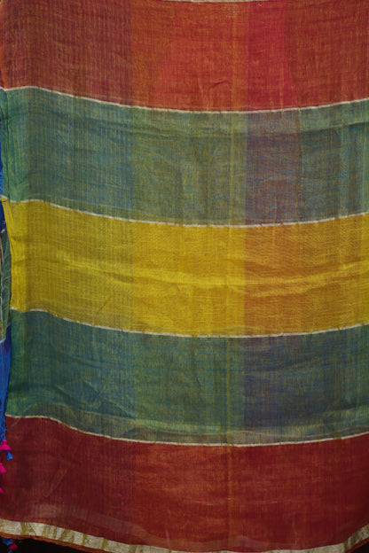Multicolor Pure Handwoven Linen Saree