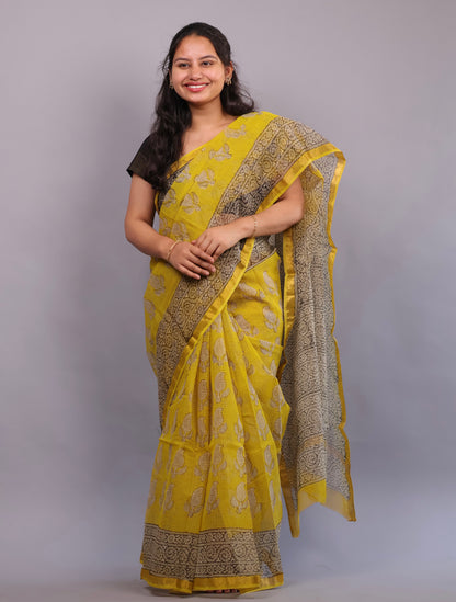 Pure Kota Doria Saree with Bagru Handblock Prints –Yellow | Looms&Tassels