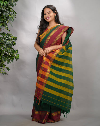 Green Narayanpet Cotton Saree With Ganga And Jamuna Border | Looms & Tassels