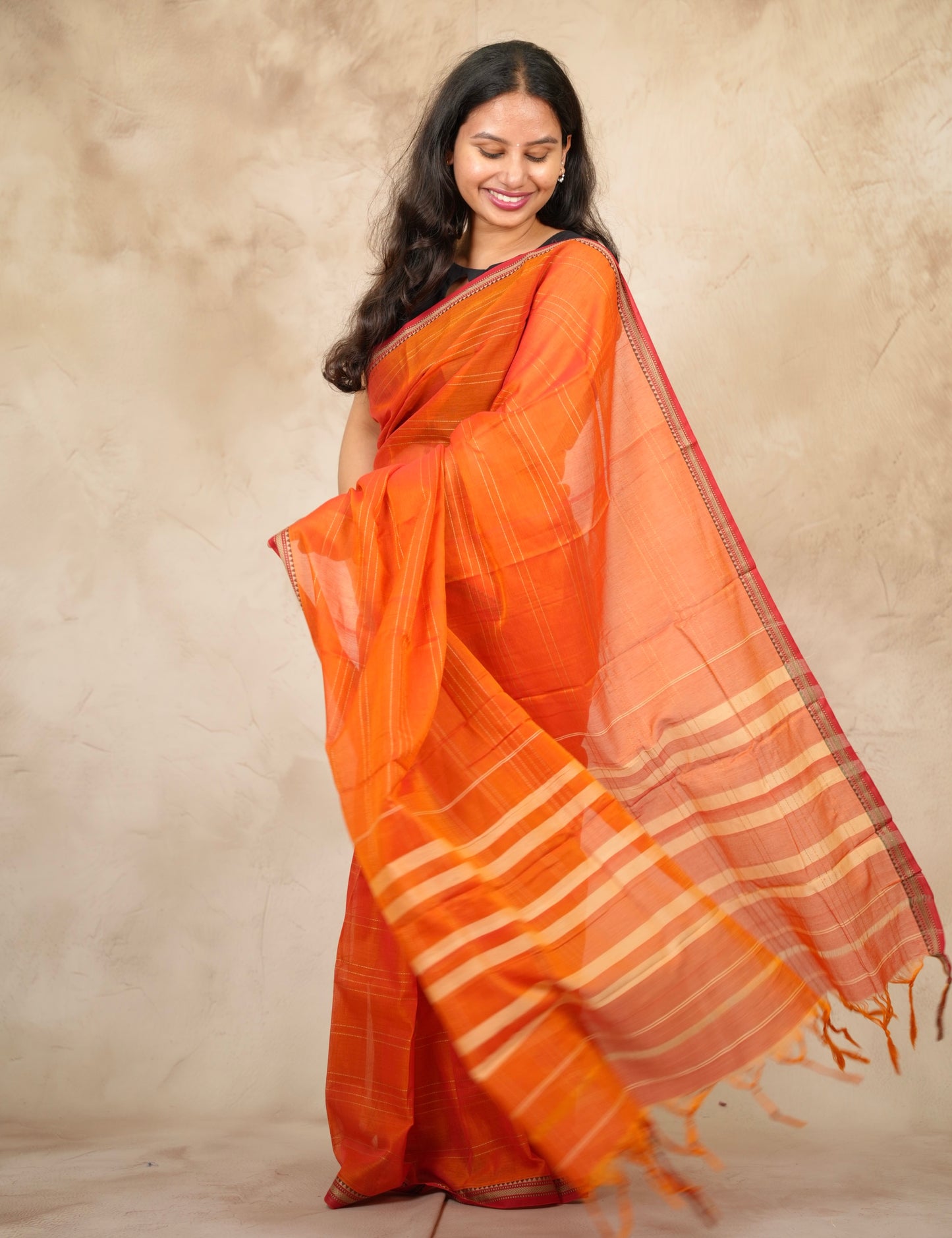 Orange Narayanpet Cotton Saree lines weaving | Looms & Tassels
