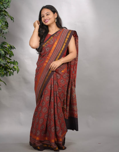 Maroon Ajrakh Hand Block Printed Sungudi Cotton Saree | Looms & Tassels