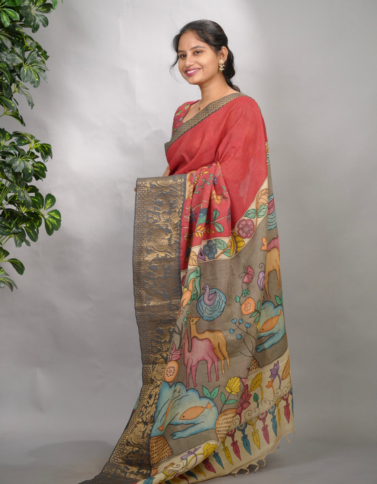 Pink Hand Drawn Pen Kalamkari Bangalore Silk Kanchi Border Saree | Looms & Tassels