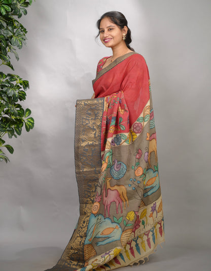 Pink Hand Drawn Pen Kalamkari Bangalore Silk Kanchi Border Saree | Looms & Tassels