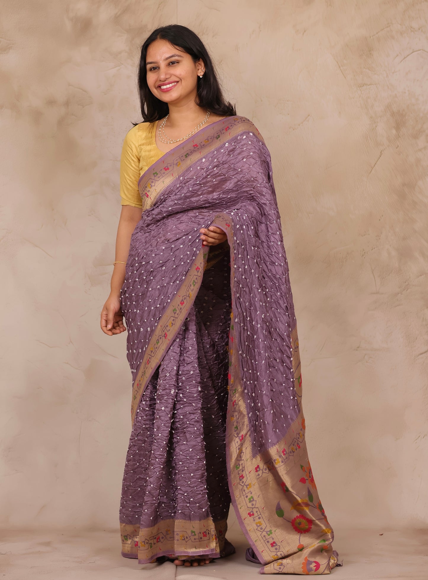 Dusty Lavender Handcrafted Bandhani Paithani Dola Silk Saree | Looms & Tassels