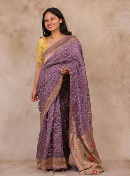 Dusty Lavender Handcrafted Bandhani Paithani Dola Silk Saree | Looms & Tassels