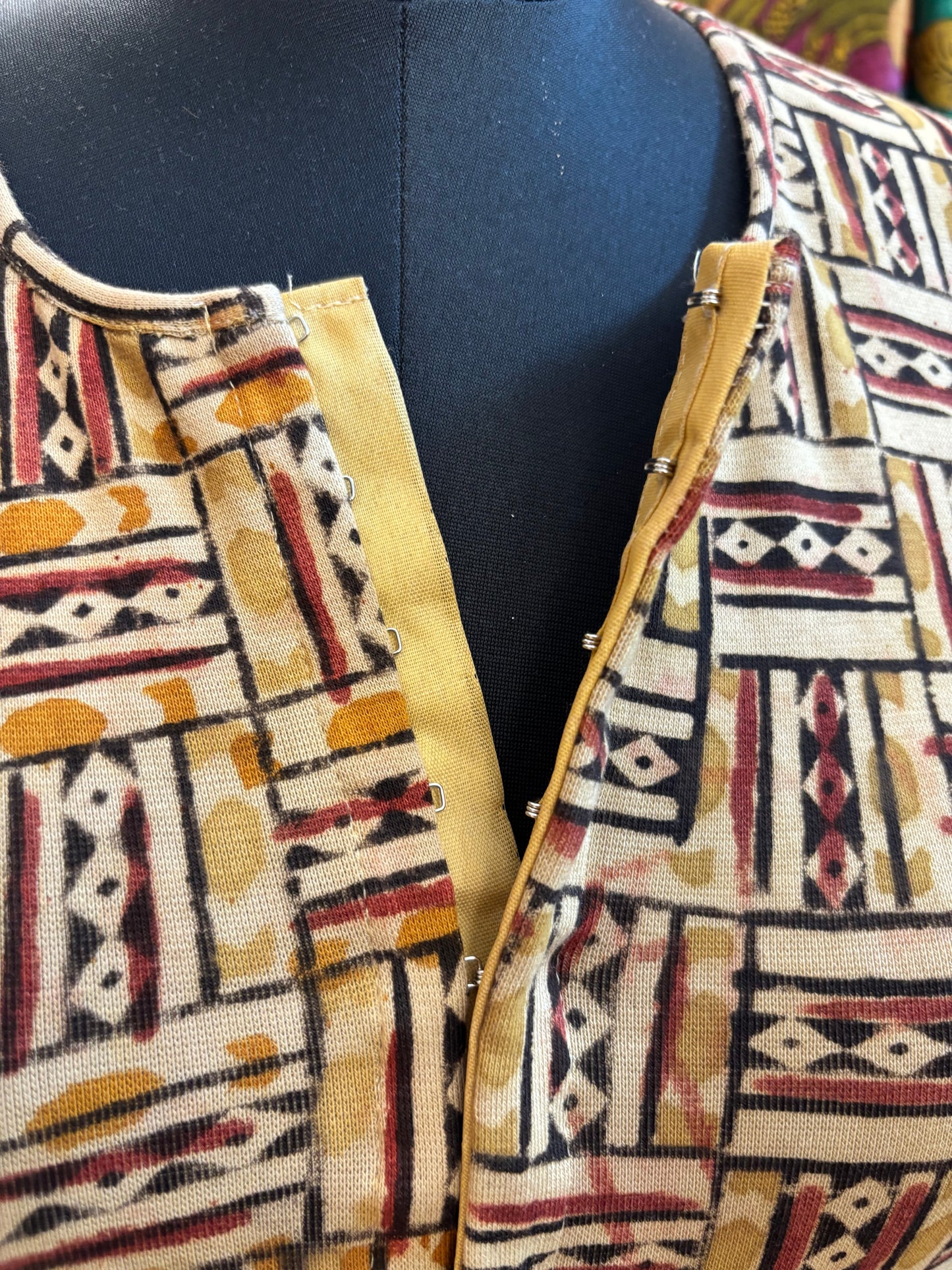 Round neck Stretchable Hand block printed kalamkari blouse with front hooks
