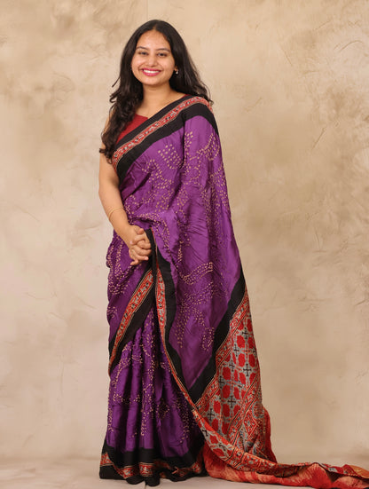 Violet Hand Knotted Bandhej Arakh Modal Silk Saree with Lagdi Pallu | Looms & Tassels