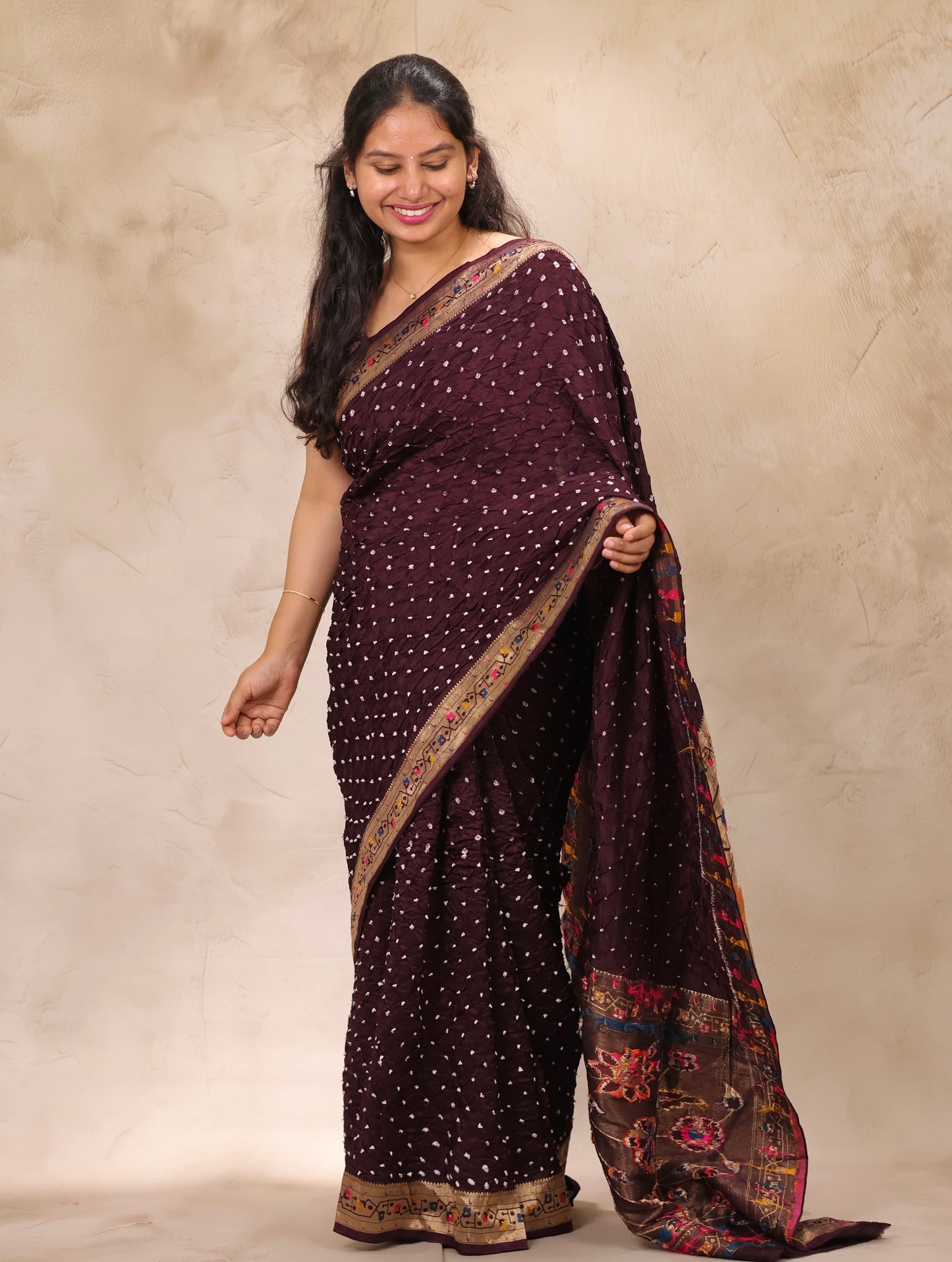 Deep purple Handcrafted Bandhani Paithani Dola Silk Saree | Looms & Tassels