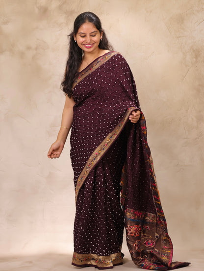 Deep purple Handcrafted Bandhani Paithani Dola Silk Saree | Looms & Tassels