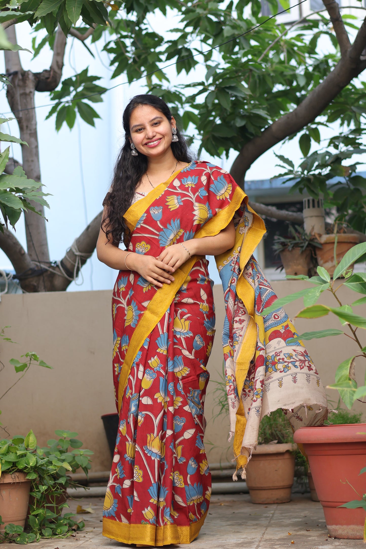 Red Lotus & Pichwai Kalamkari Silk Handcrafted Nizam Border Saree