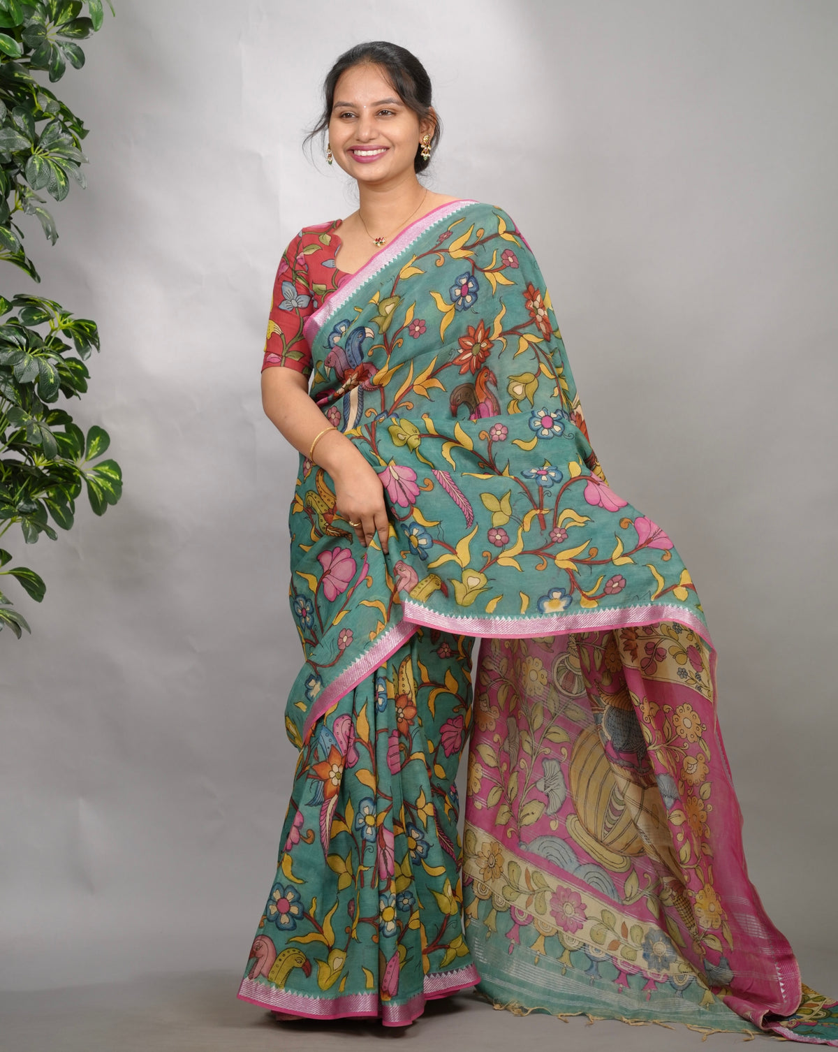 Bue Hand Drawn Pen  Mangalagiri Silk Saree | Looms & Tassels