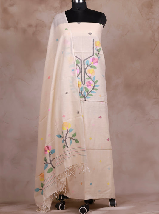 Off White Handwoven Jamdhani weaving pure Malai cotton 2 piece suit sets | Looms & Tassels