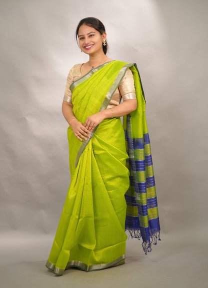 Parrot Green & Blue Handloom Mangalagiri Silk Saree| Looms & Tassels