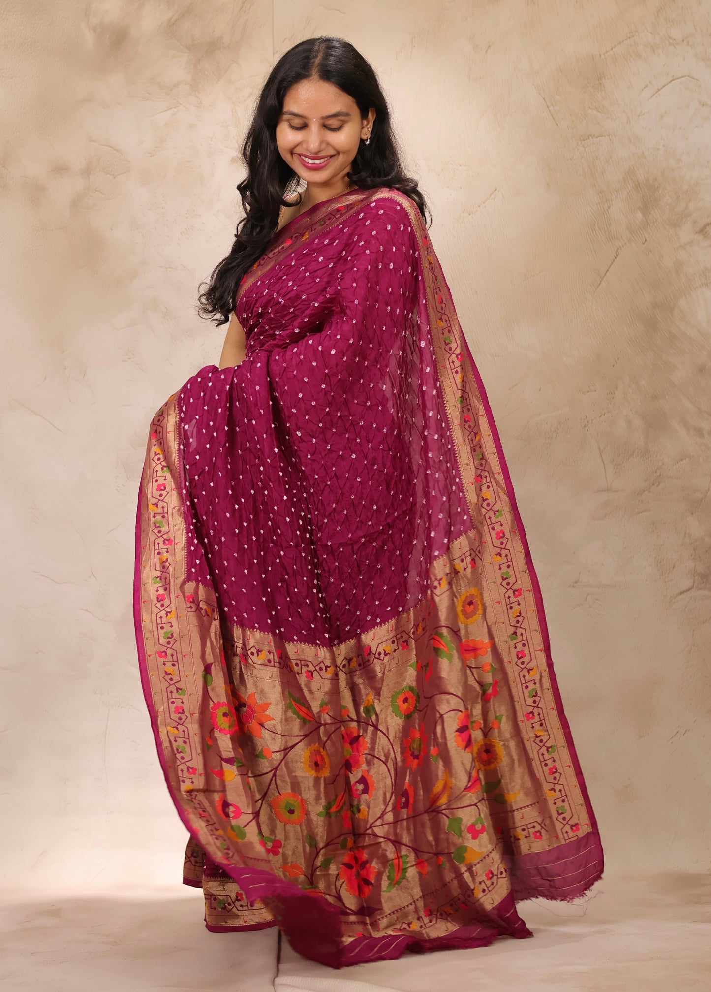 Magenta Handcrafted Bandhani Paithani Dola Silk Saree | Looms & Tassels