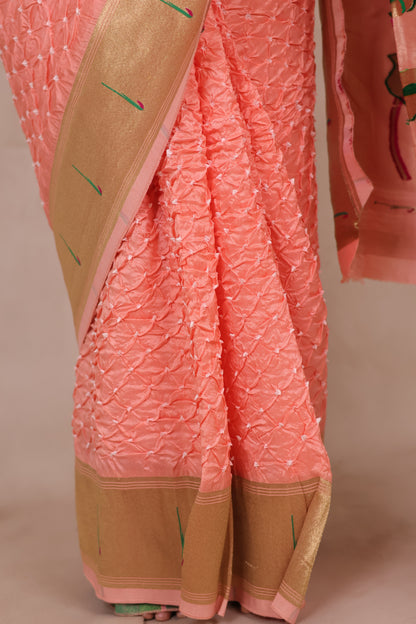 Pastel Handcrafted Bandhani Paithani Dola Silk Saree | Looms & Tassels
