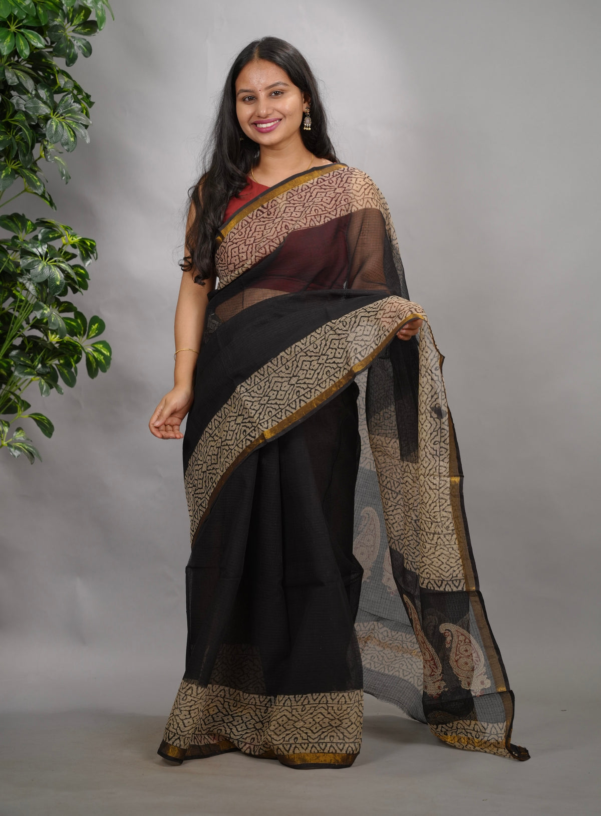 Black Pure Kota Doria Saree with Bagru Handblock Prints