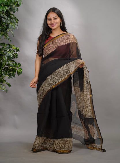 Black Pure Kota Doria Saree with Bagru Handblock Prints