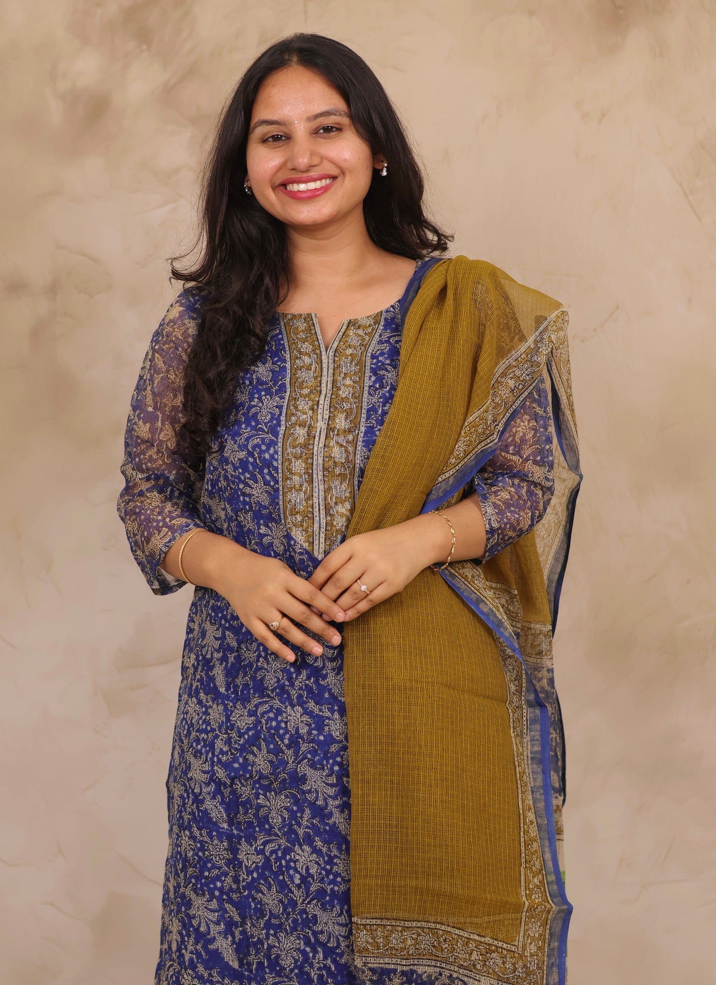 Blue Handblock printed kota 3 piece suit (stitched)