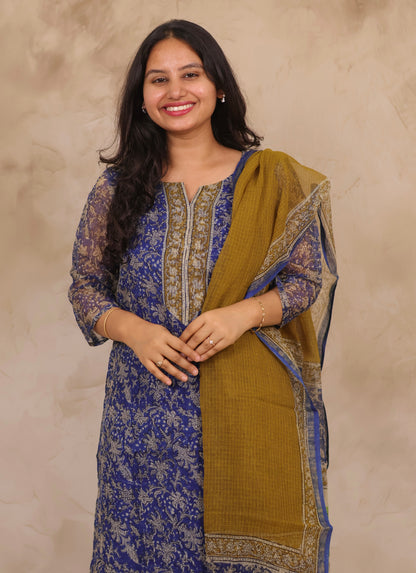 Blue Handblock printed kota 3 piece suit (stitched)