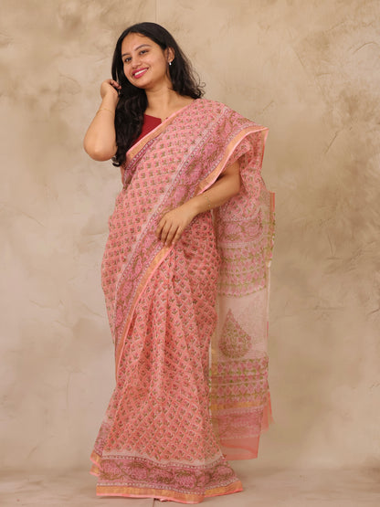 Peach Pure Kota Doria Saree with Bagru Handblock Prints | Looms & Tassels