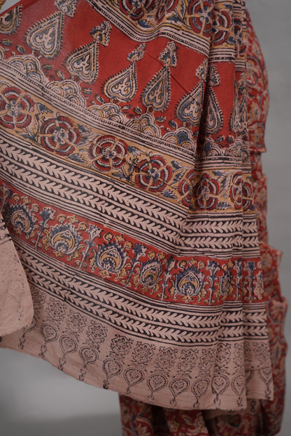 Red Hand Block Printed Kalamkari Cotton Saree | Looms & Tasselse