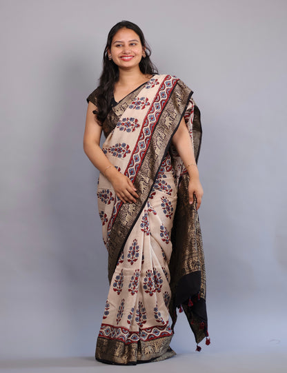 Cream Flower Butta Ajrakh Handblock printed Dola Silk Saree | Looms & Tassels