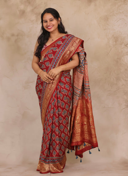 Maroon Butta Ajrakh Handblock printed Dola Silk Saree | Looms & Tassels