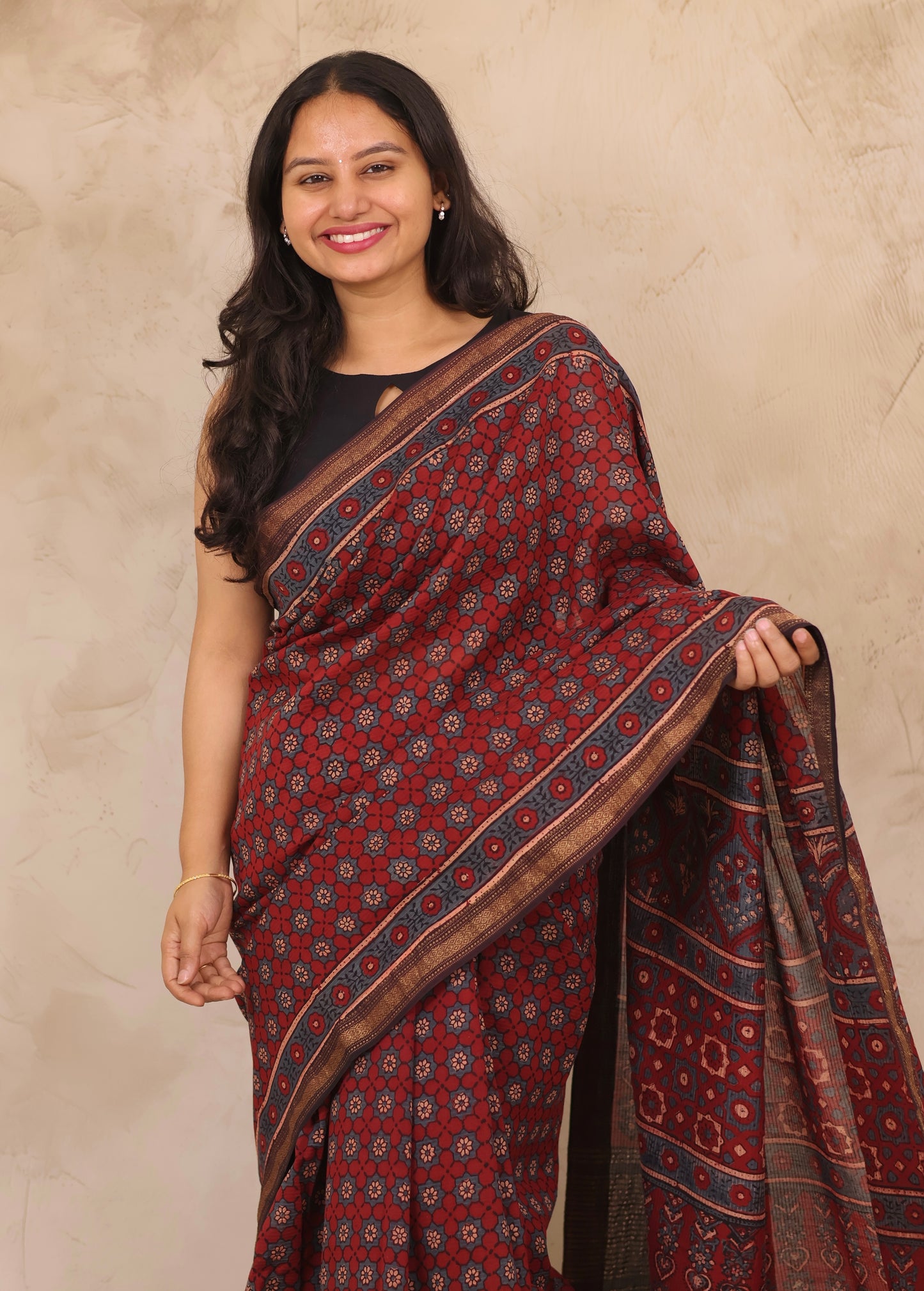 Maheswari Silk Cotton Ajrakh Handblock Printed Saree | Looms & Tassels