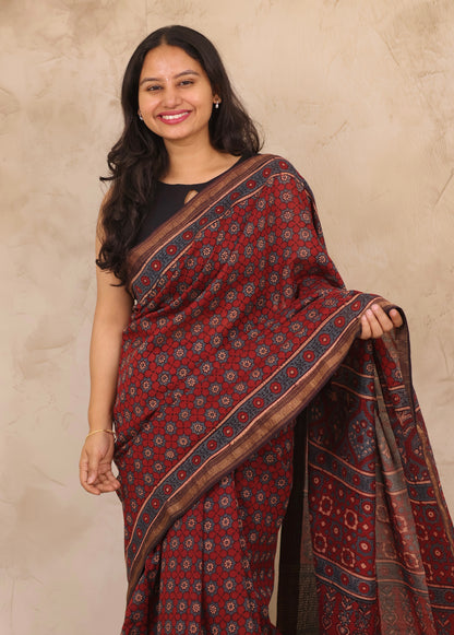 Maheswari Silk Cotton Ajrakh Handblock Printed Saree | Looms & Tassels